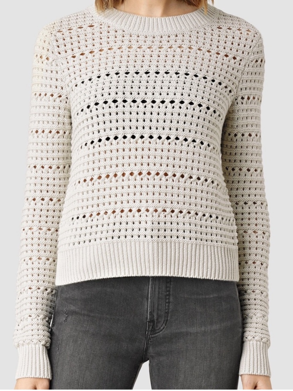 AllSaints Lota Cropped Open Knit Lightweight Jumper Sweater. Porcelain. Small